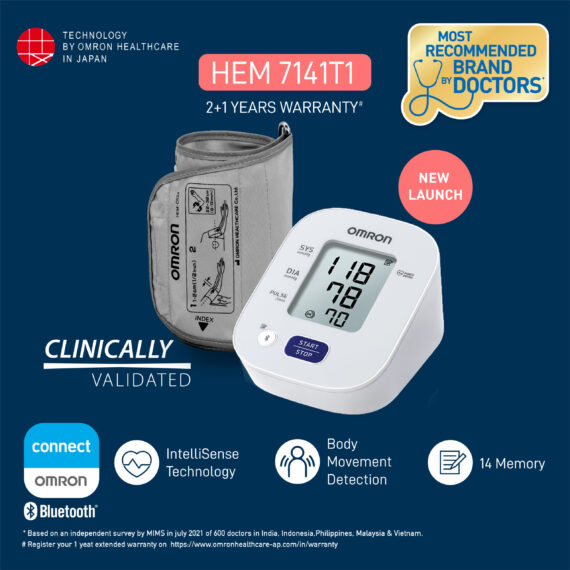 Omron HEM 7141T1 Bluetooth Blood Pressure Monitor With Body Movement  Detection & Cuff Wrapping Guide Technology